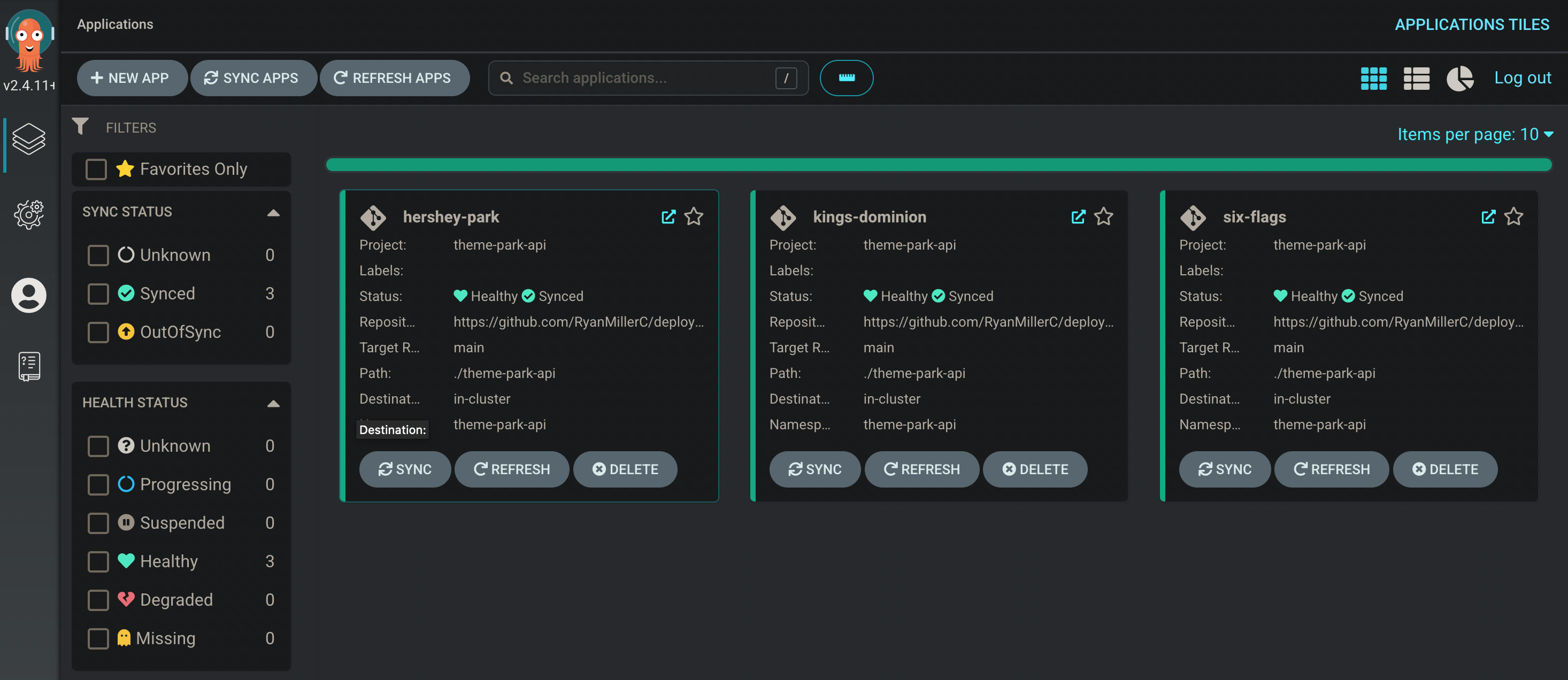 Three applications are deployed with Argo CD